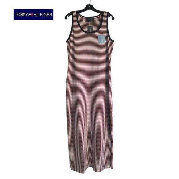 TOMMY HILFIGER NEW Casual Coastal Stripe Chest Pocket Maxi Tank Dress M - Picture 1 of 11